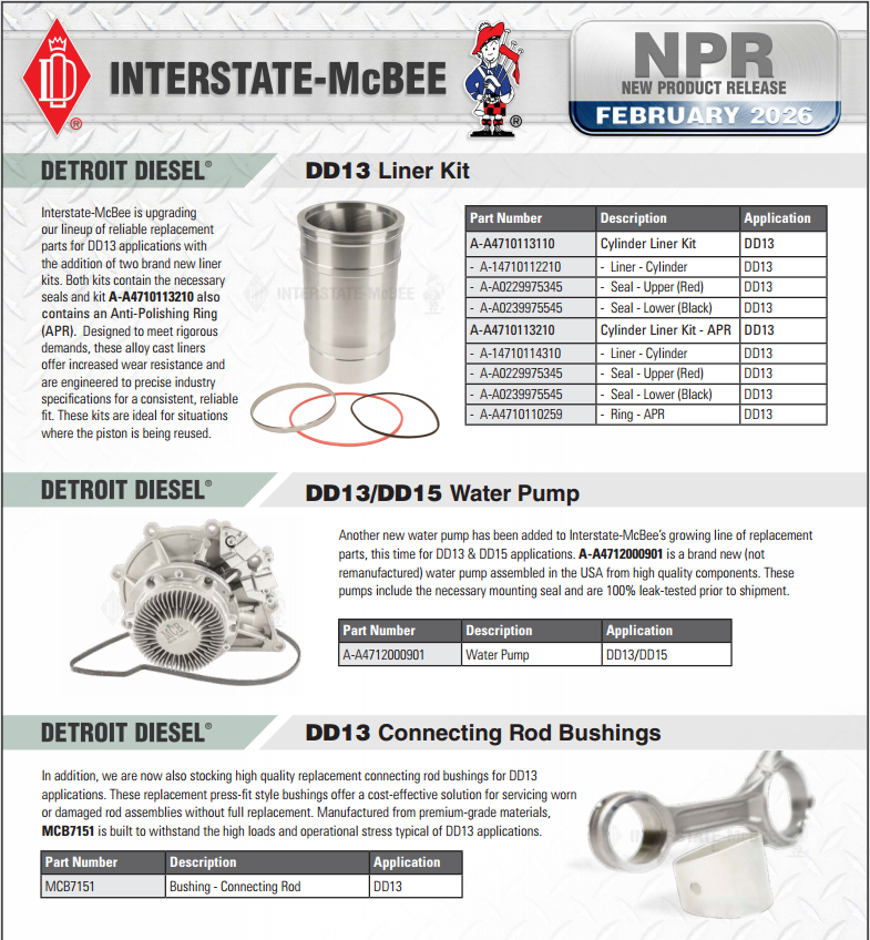Aftermarket diesel engine parts flyer for Detroit Diesel DD13 and DD15 applications