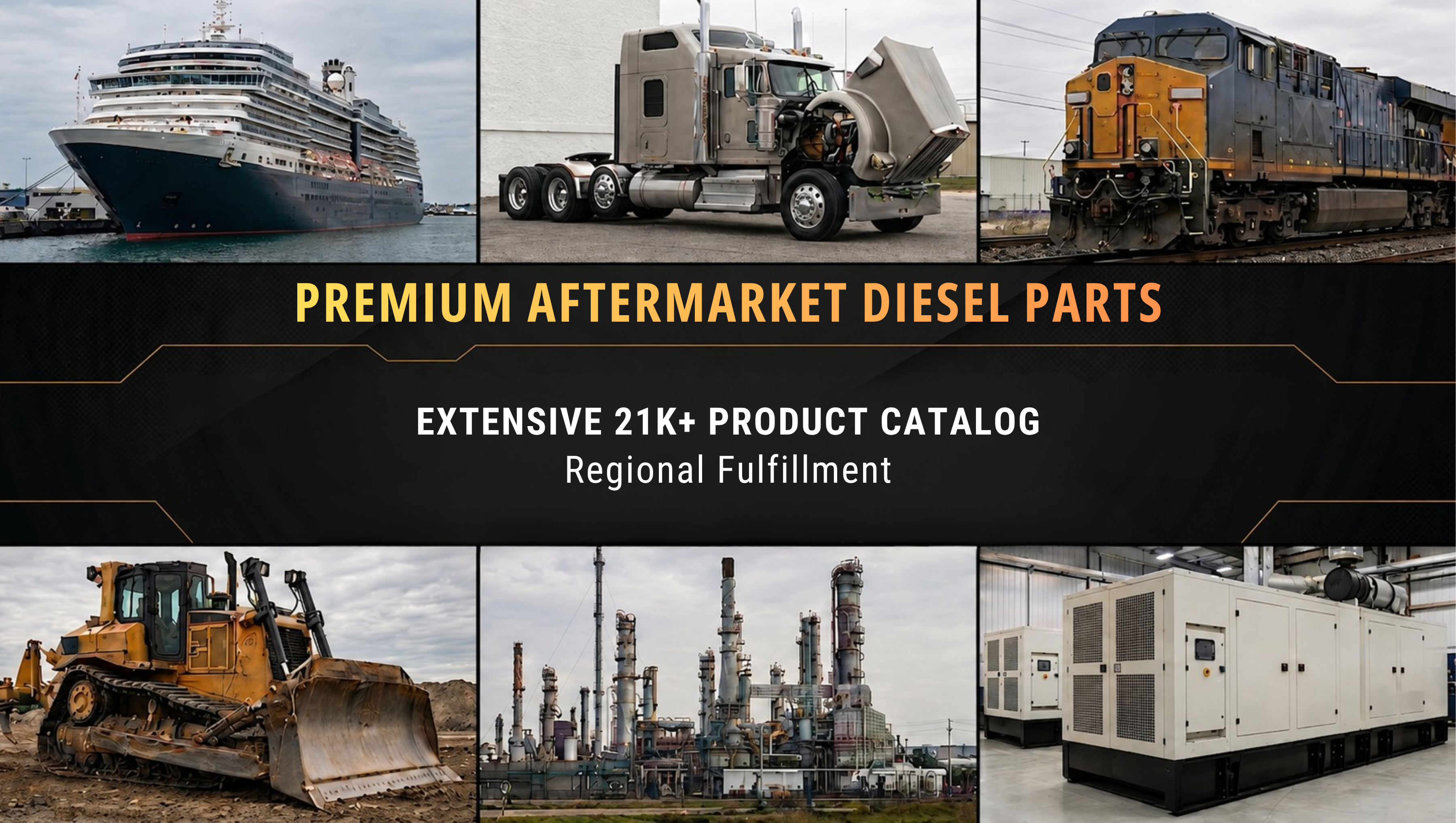 Premium aftermarket diesel parts banner showing marine, truck, rail, construction, and industrial equipment